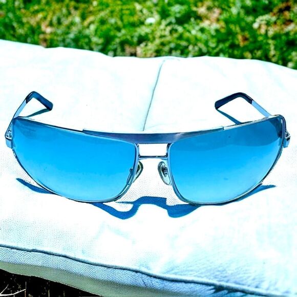 SALVATORE FERRAGAMO Sunglasses Silver Metal Frame Aviator Blue Tint Lenses EUC - Picture 1 of 9